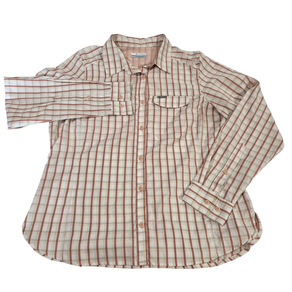 Columbia Button Up‎ Shirt Mens L Long Sleeve Orange Plaid Lined Performance
